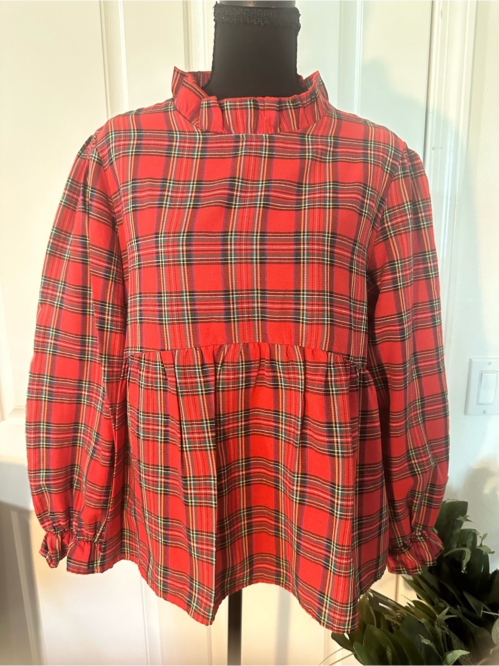 Red Plaid Ruffle-Yoke Top